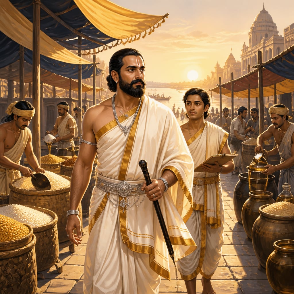 Vardhana the Panyadhyaksha walking through Pataliputra market at dawn