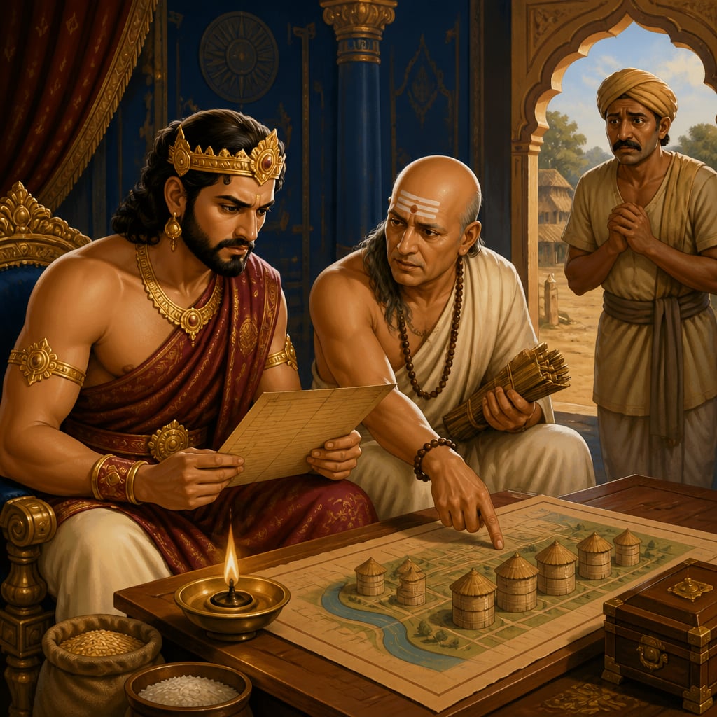 Chandragupta and Kautilya studying drought reports at the court