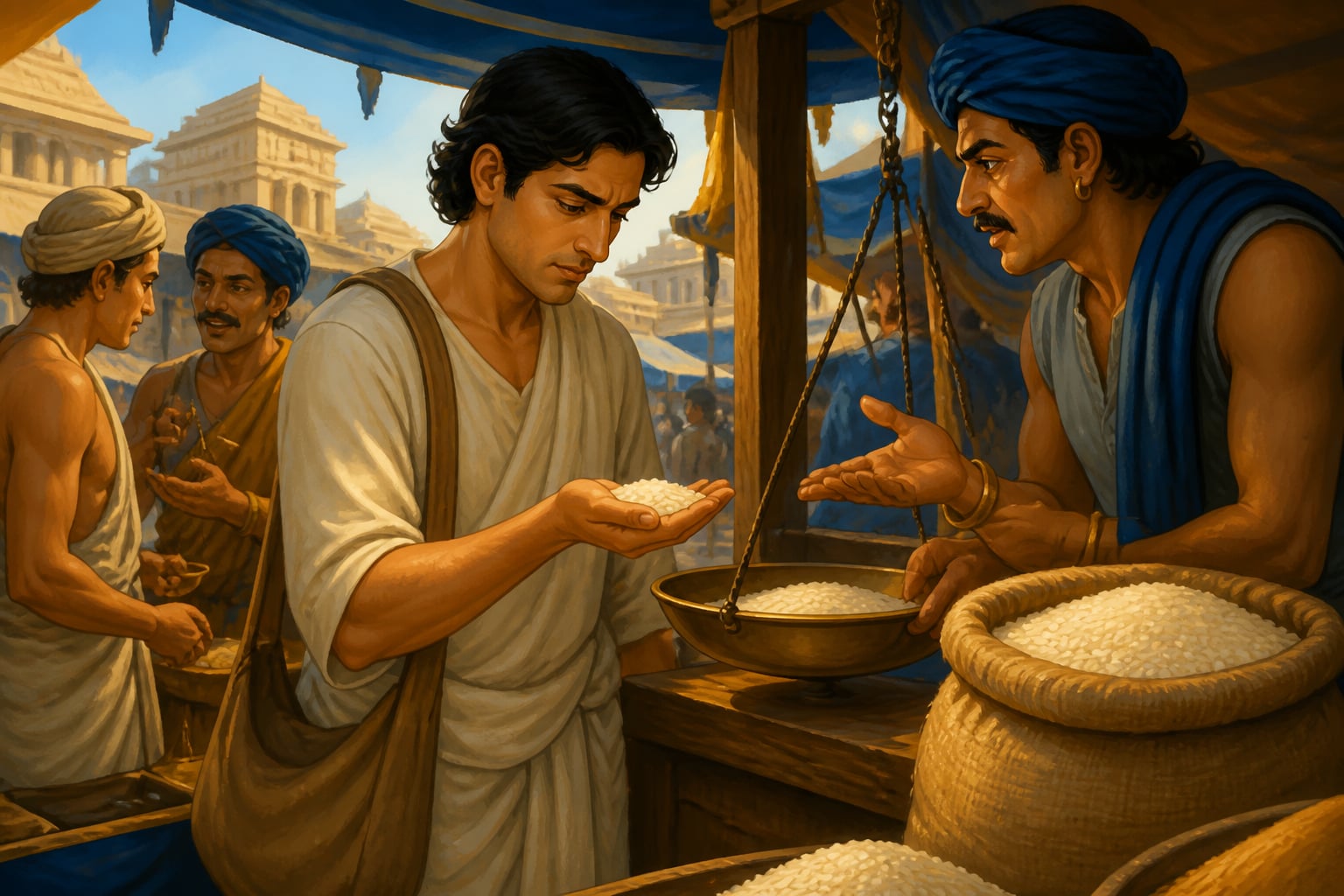 A Samsthaniya undercover agent testing grain prices in a bazaar
