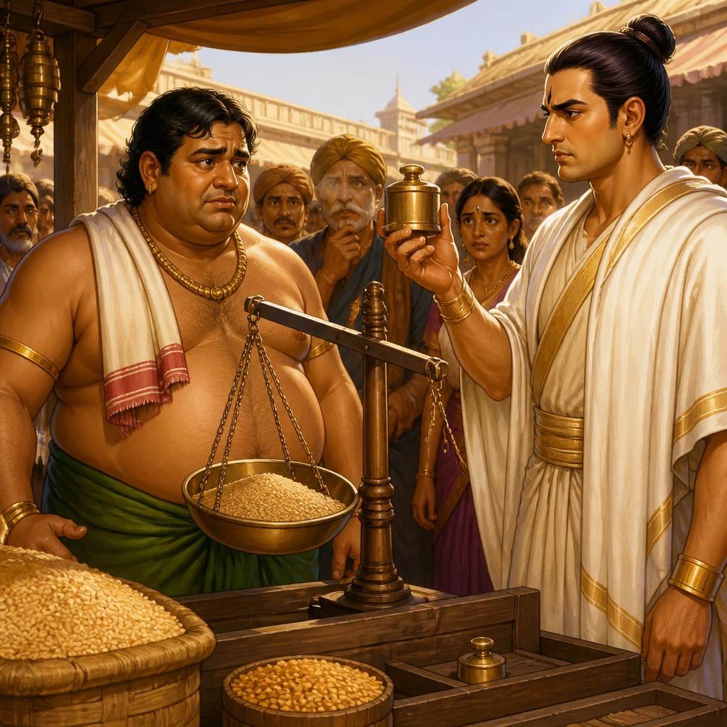 Inspector Nagaraka exposing Devadatta's short grain scale