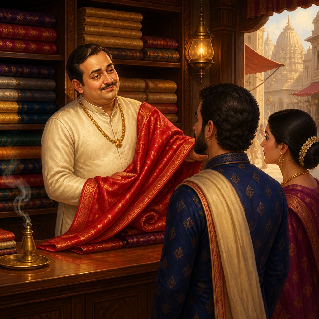 Krishnadasa the silk merchant draping a bolt of crimson cloth