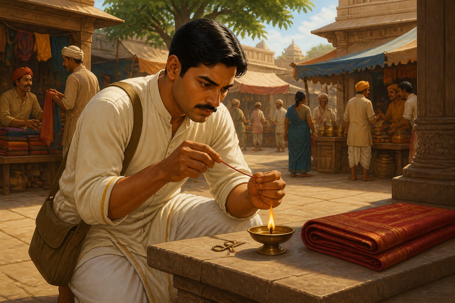 A Samsthaniya inspector testing silk thread by the flame of a brass lamp