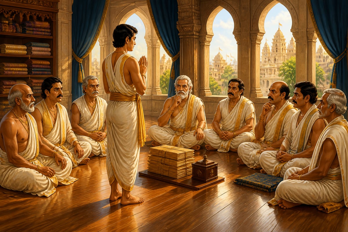 The textile-merchants' shreni gathered in assembly to hear charges