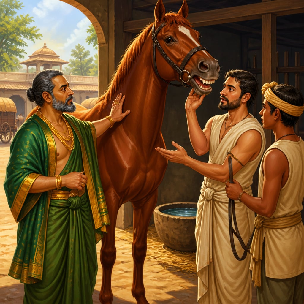 Bhaskara examining a chestnut stallion at Guptaka's stable yard