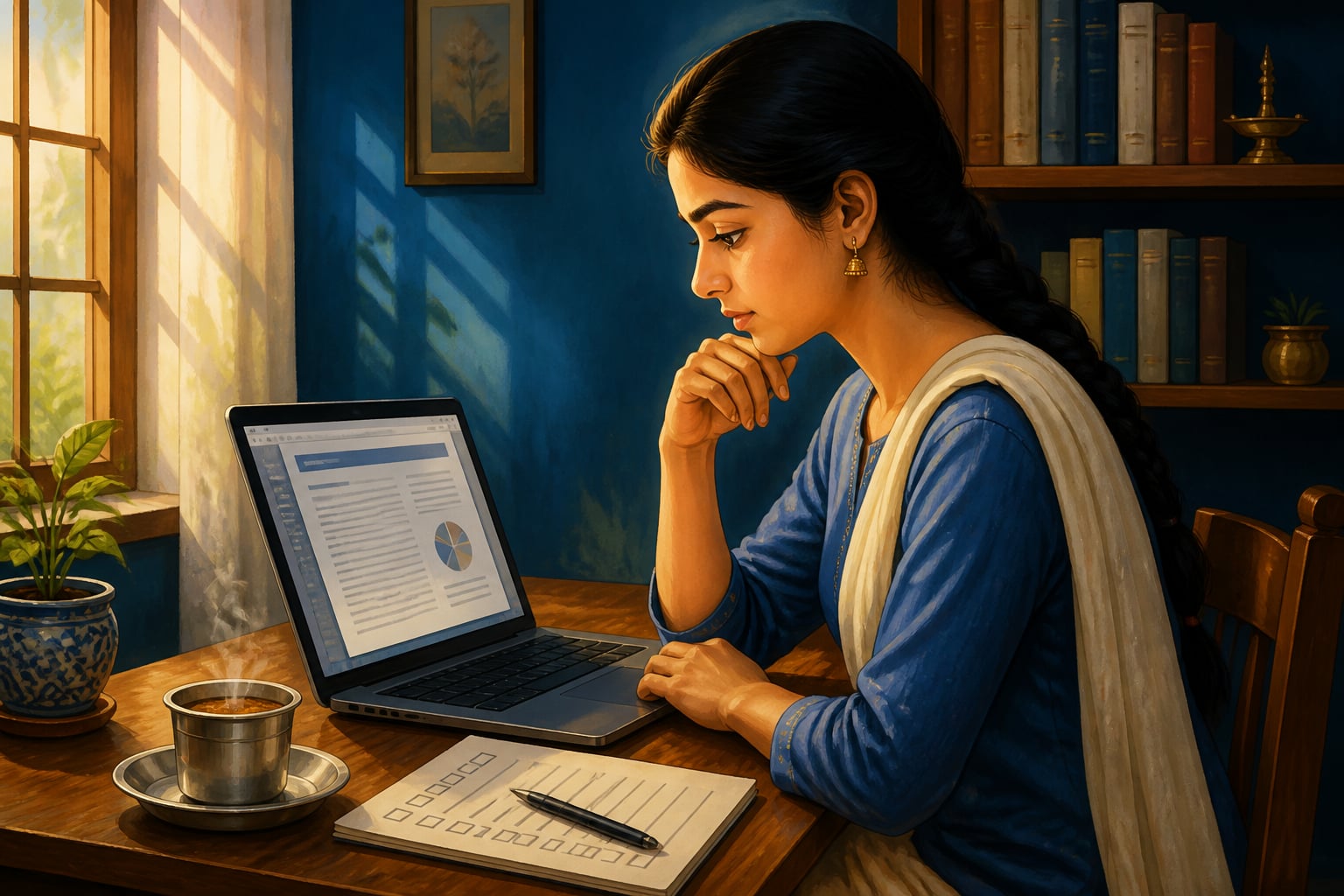 A young Indian woman reading regulatory disclosures at her home desk