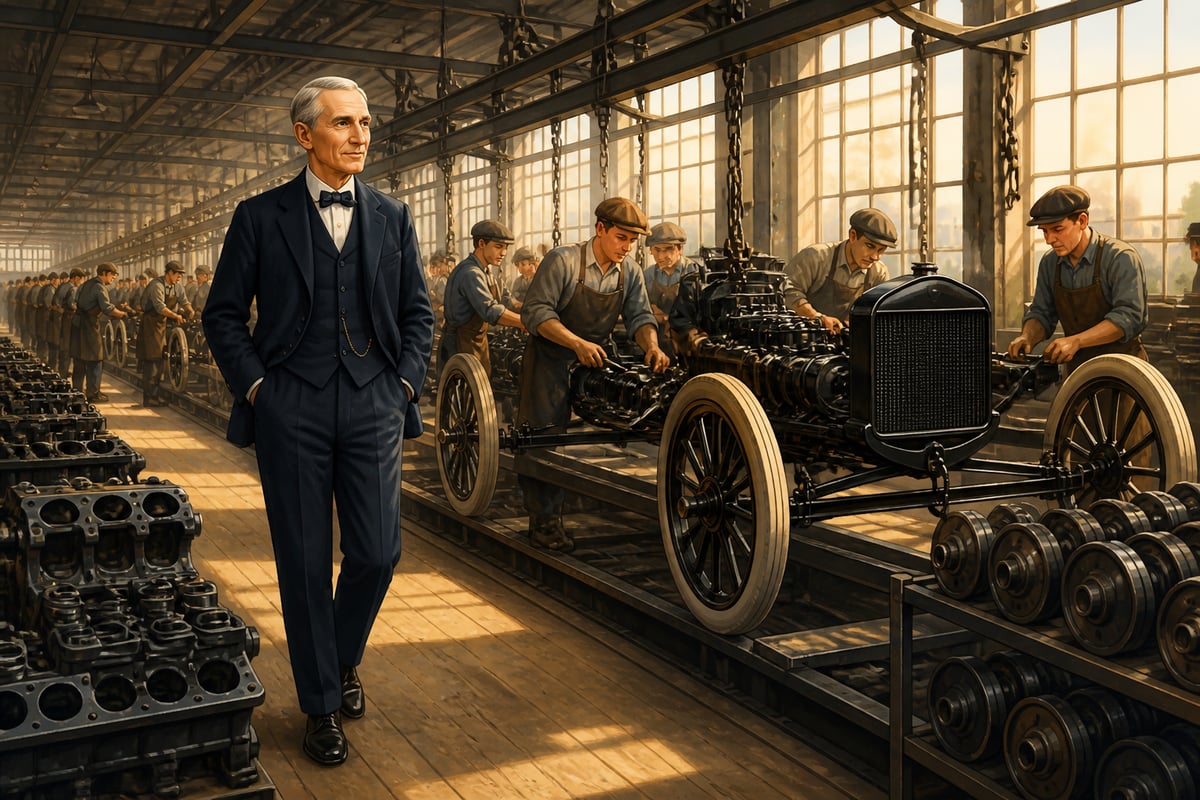Henry Ford walking the Detroit assembly line