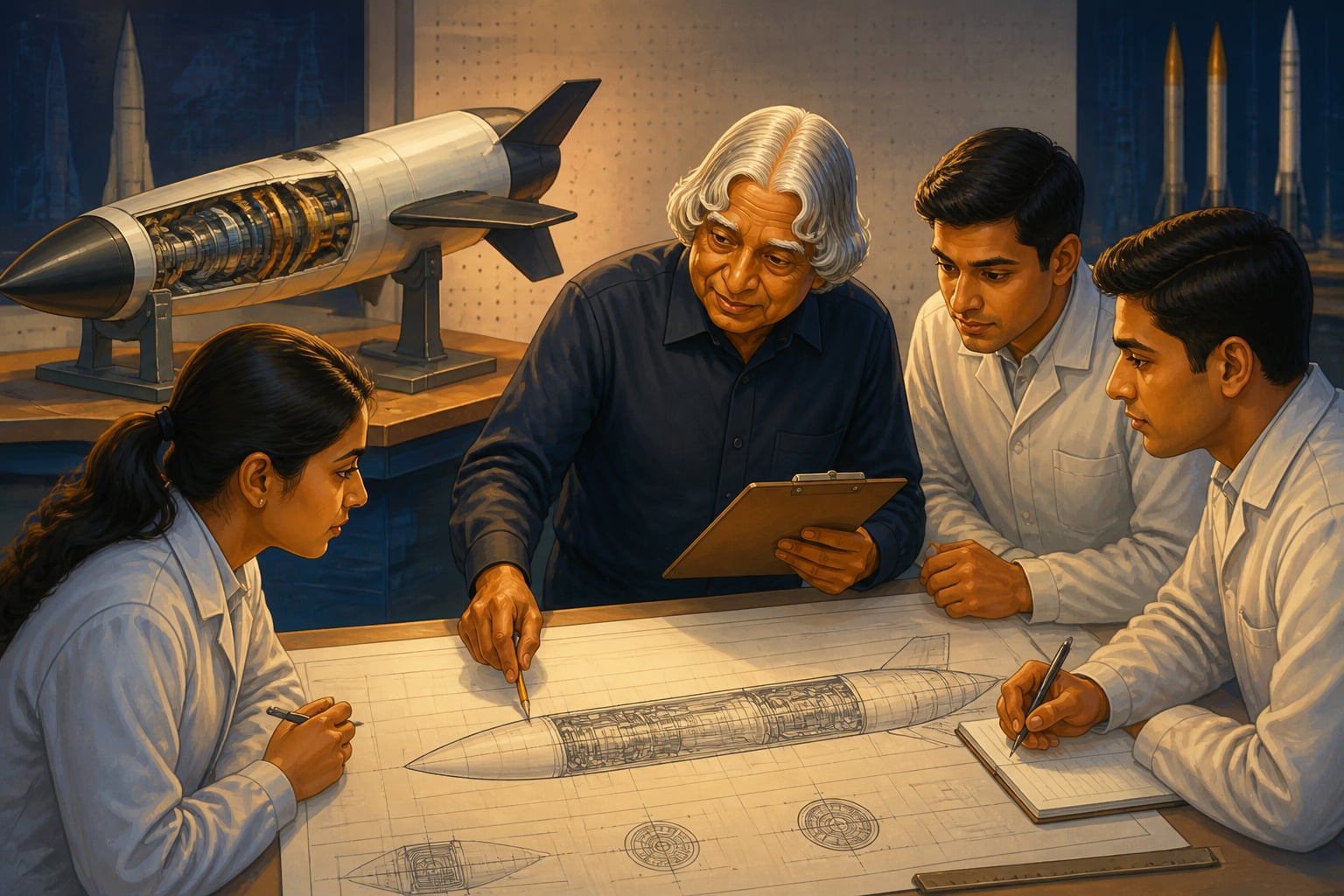 Aerospace scientist mentoring engineers at a defense lab