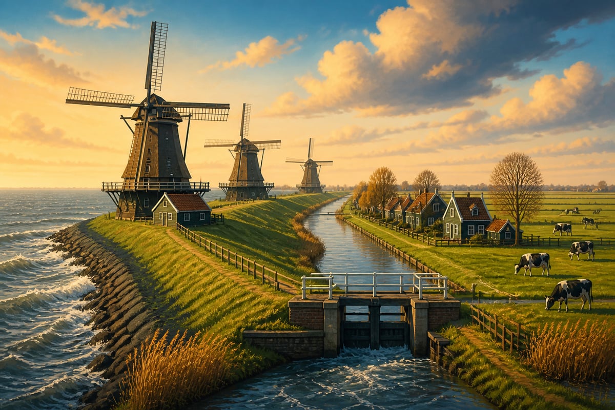 Dutch polders with windmills and dykes