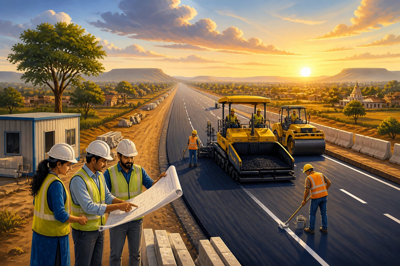 Modern Indian expressway under construction at sunrise