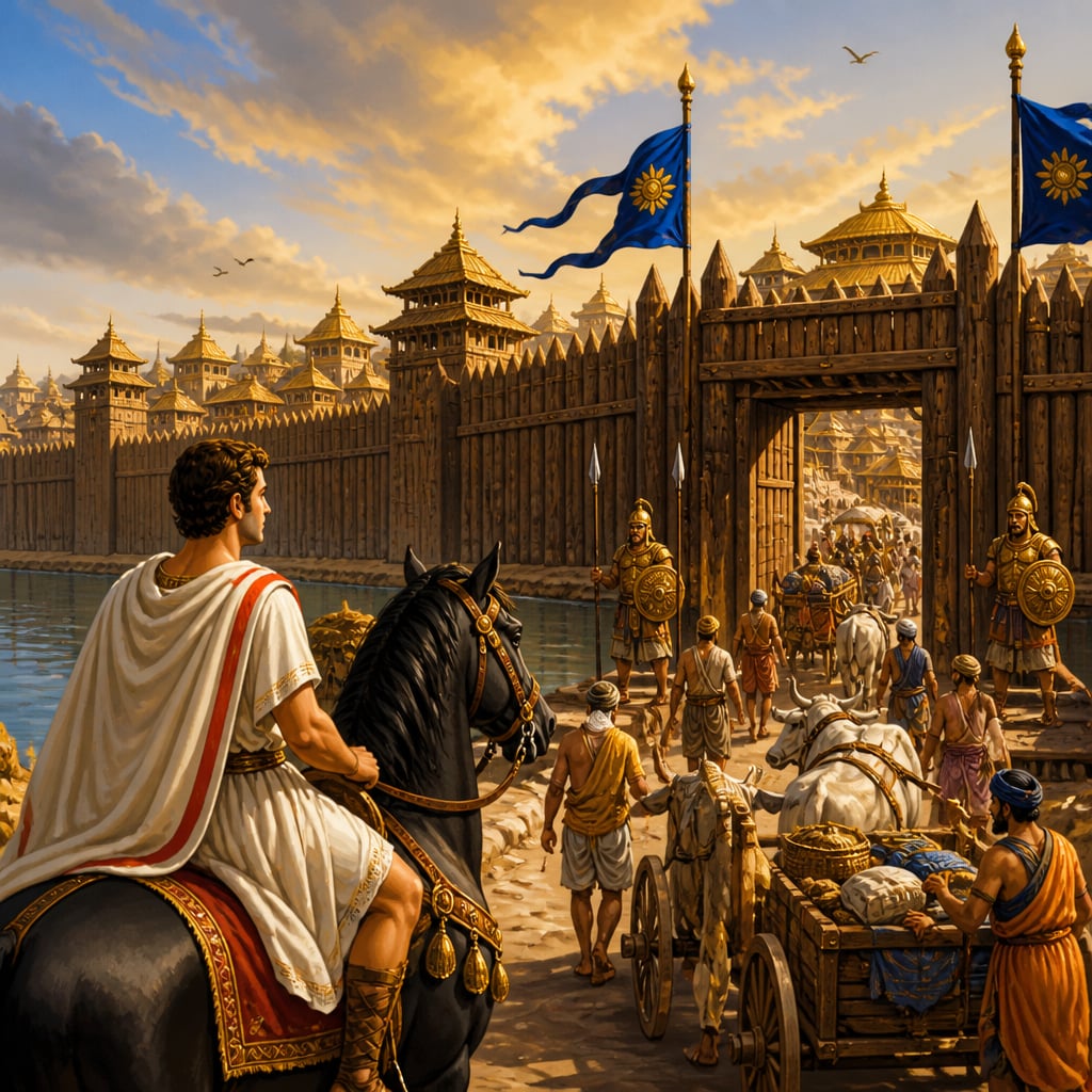 Megasthenes arriving at Pataliputra's ramparts