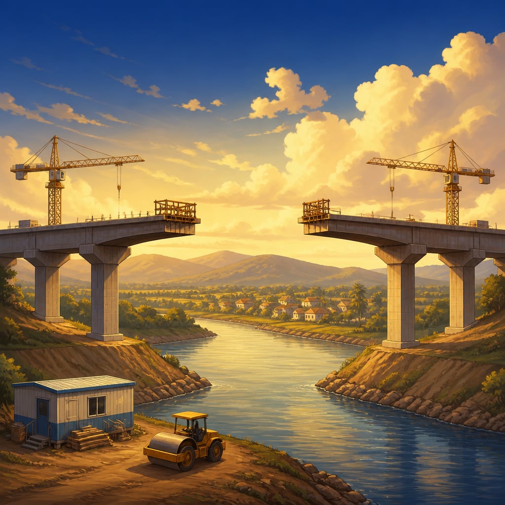 Unfinished elevated highway bridge across a rural river