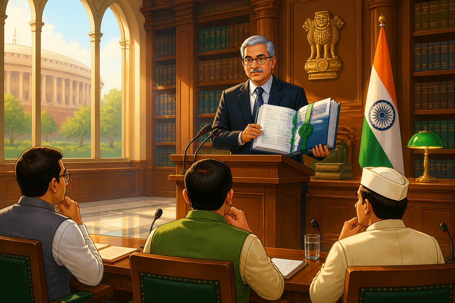 CAG officer presenting bound spectrum-allocation report in Parliament library