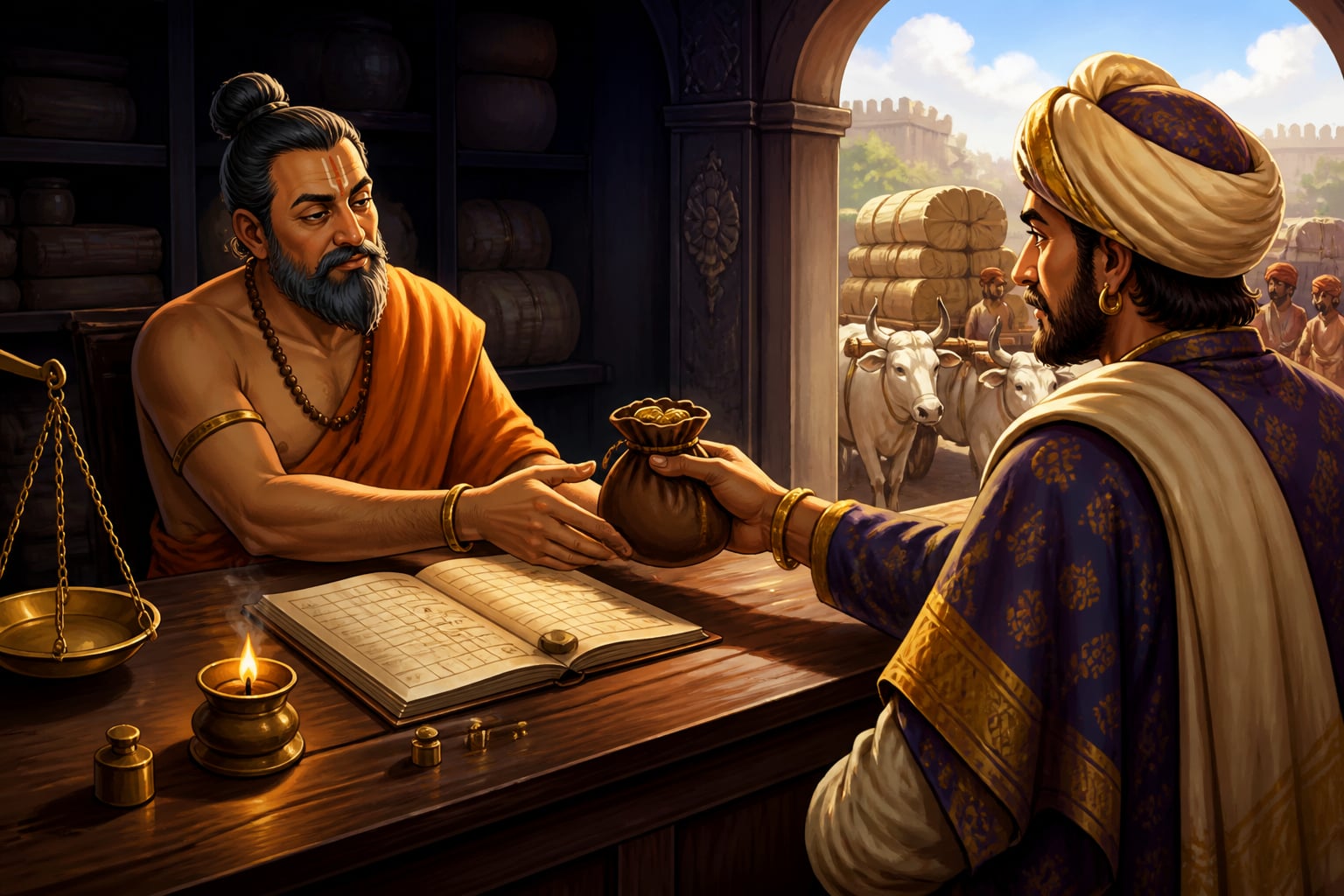 Customs clerk accepting a pouch of gold from a wealthy merchant