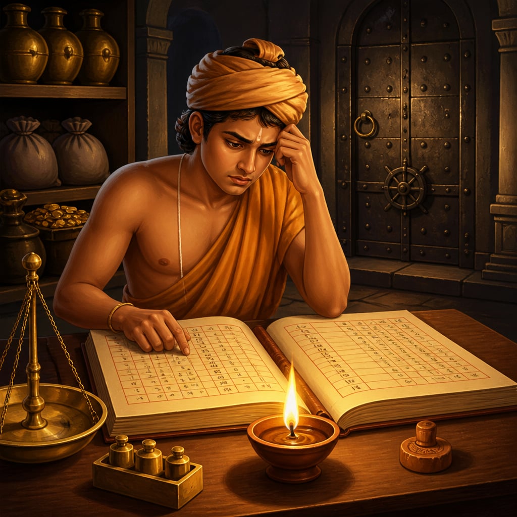 Devadatta the Mauryan treasury clerk staring at two ledgers at night