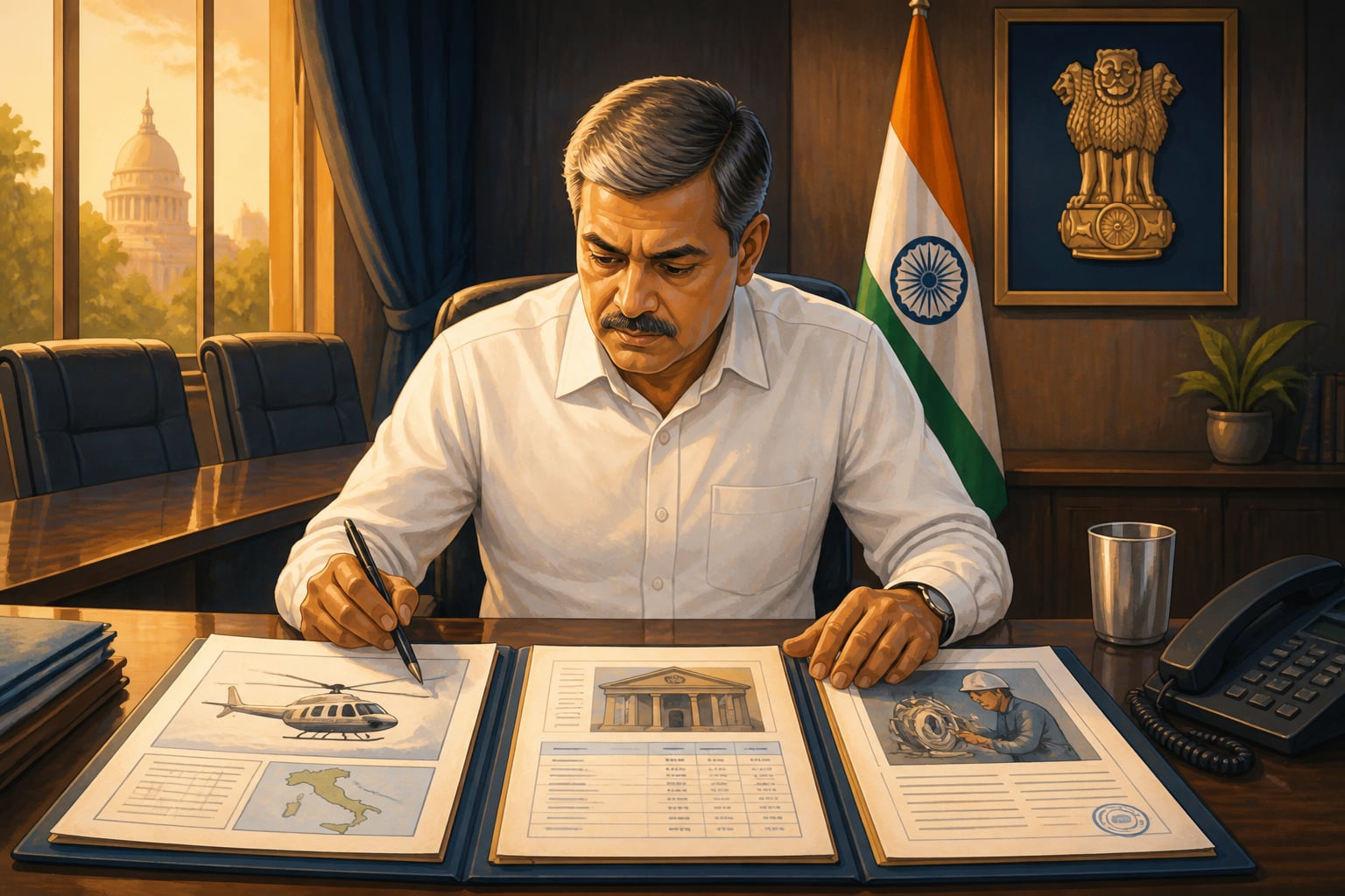 CBI investigator studying Augusta Westland contract dossiers at a Delhi conference table