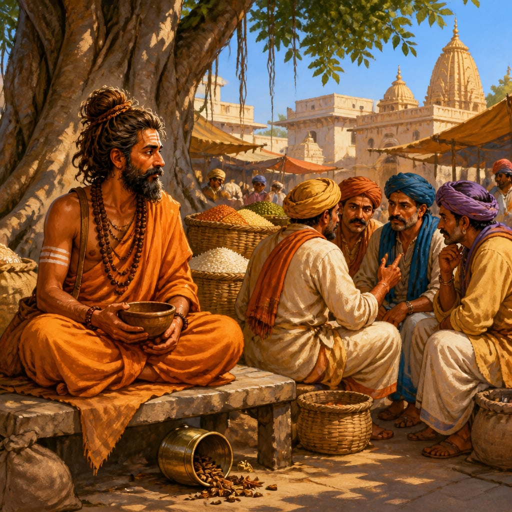 Disguised ascetic gudhapurusha listening to merchants in Ujjayini marketplace