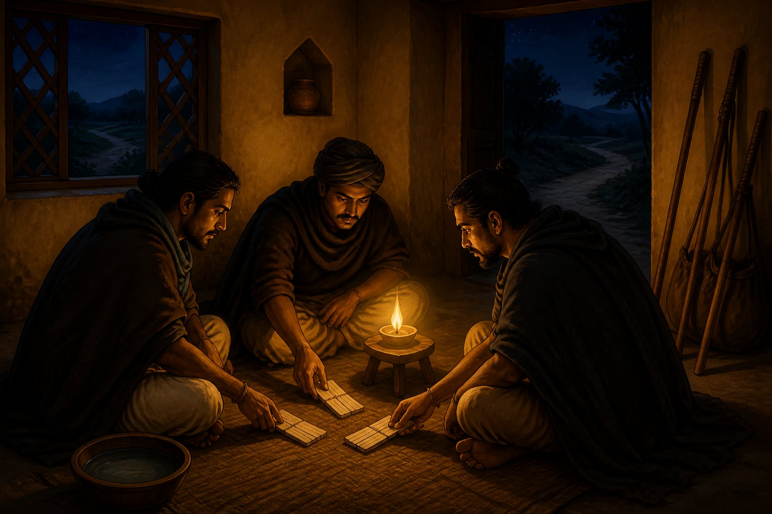 Three Mauryan agents comparing palm-leaf reports in a midnight safe house