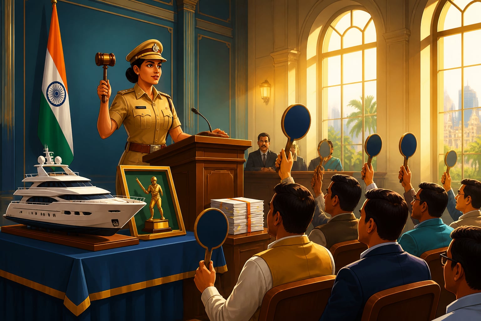 Modern courthouse auctioneer announcing seized luxury assets to bidders