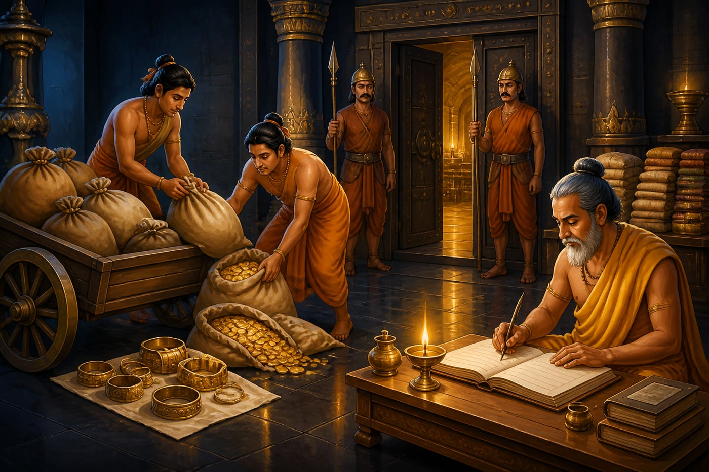 Attendants returning recovered gold to the Mauryan treasury under auditor watch