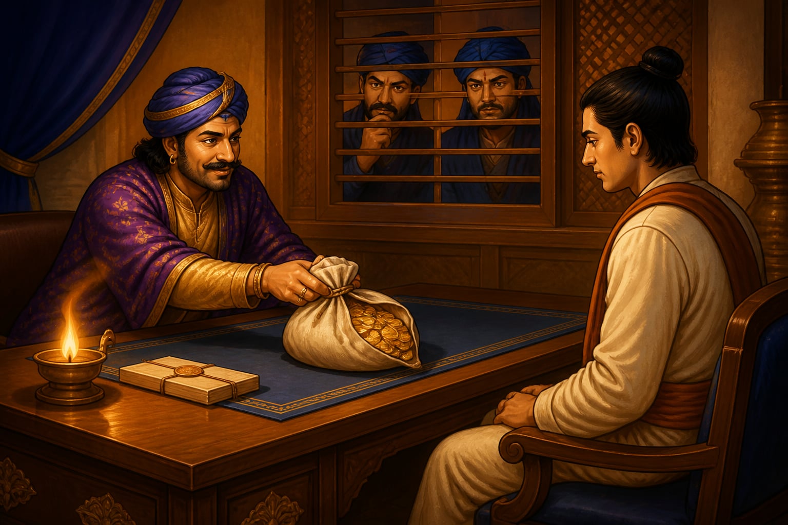 Disguised agent offering gold to a candidate official as a pariksha test