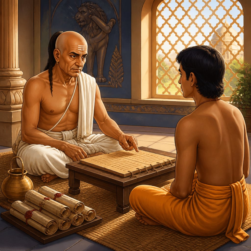 Kautilya interviewing the young candidate Rudradaman for treasurer's post