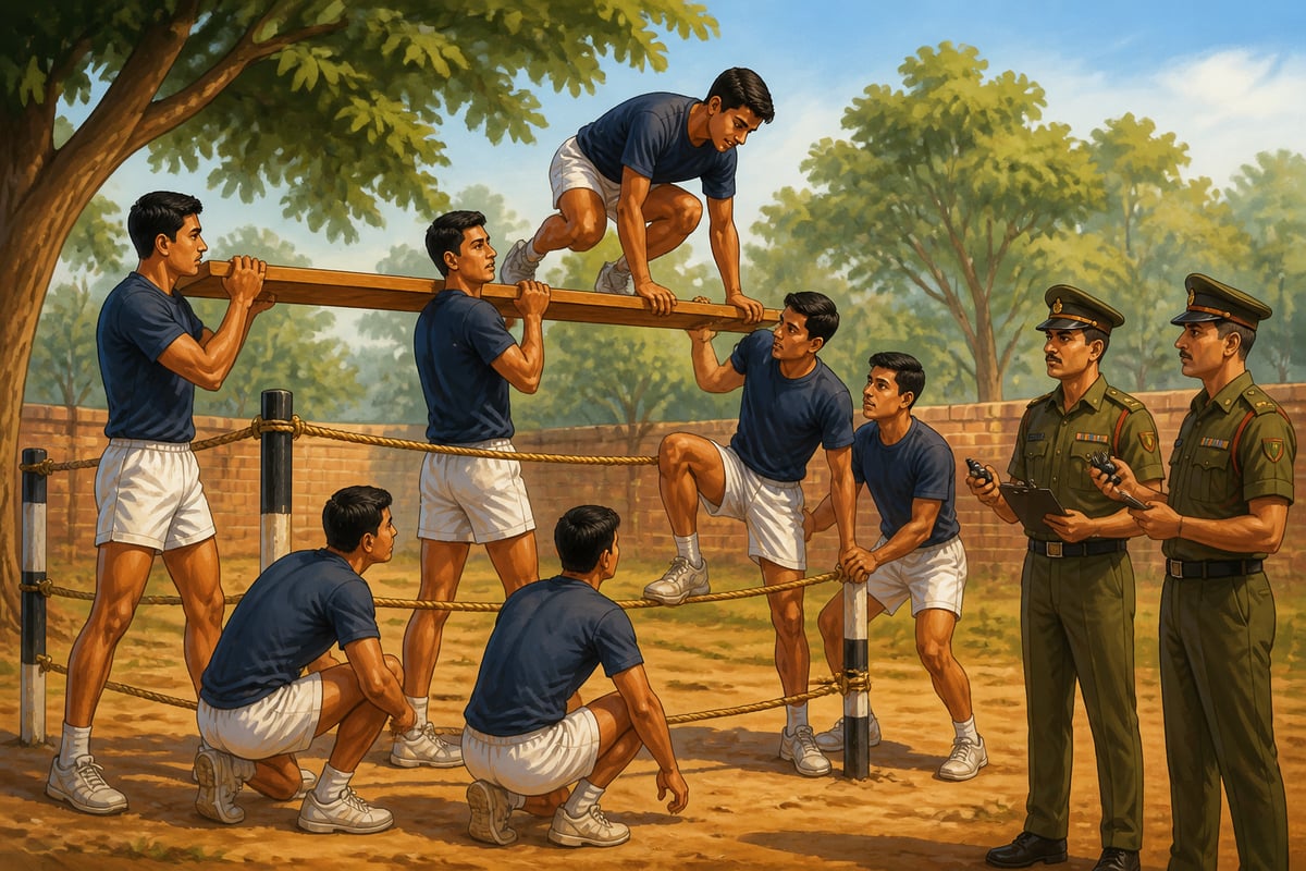 Army officer candidates working a group obstacle task under SSB assessors