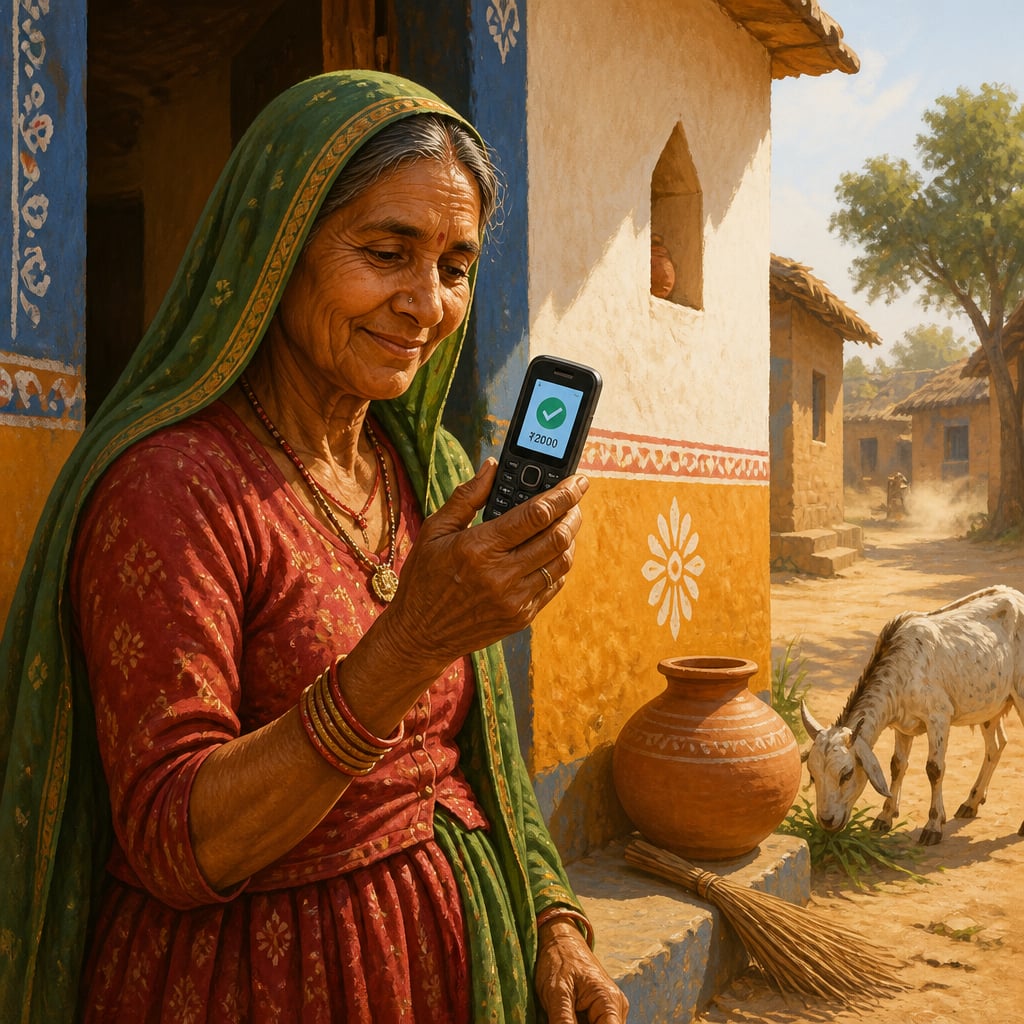 Rajasthani village woman receiving a Jan Dhan DBT confirmation SMS on her phone