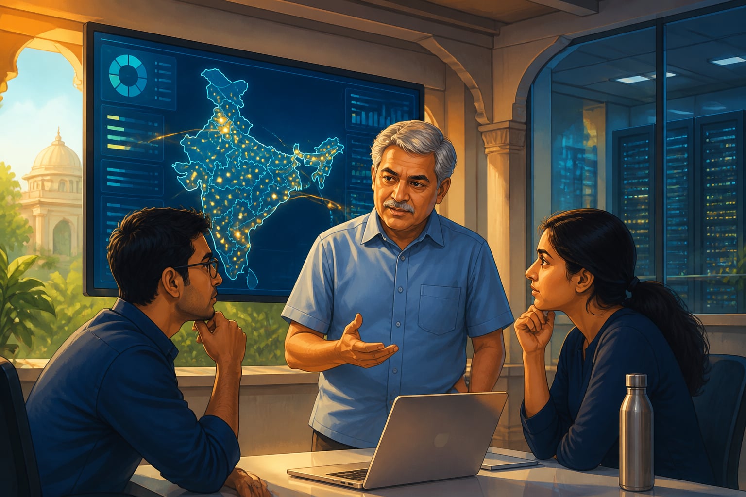 Nandan Nilekani conferring with architects in the UIDAI control room