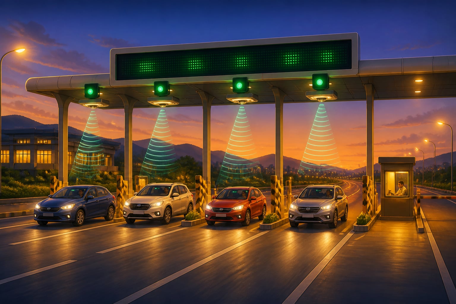 Cars passing freely through a FASTag toll plaza at dusk