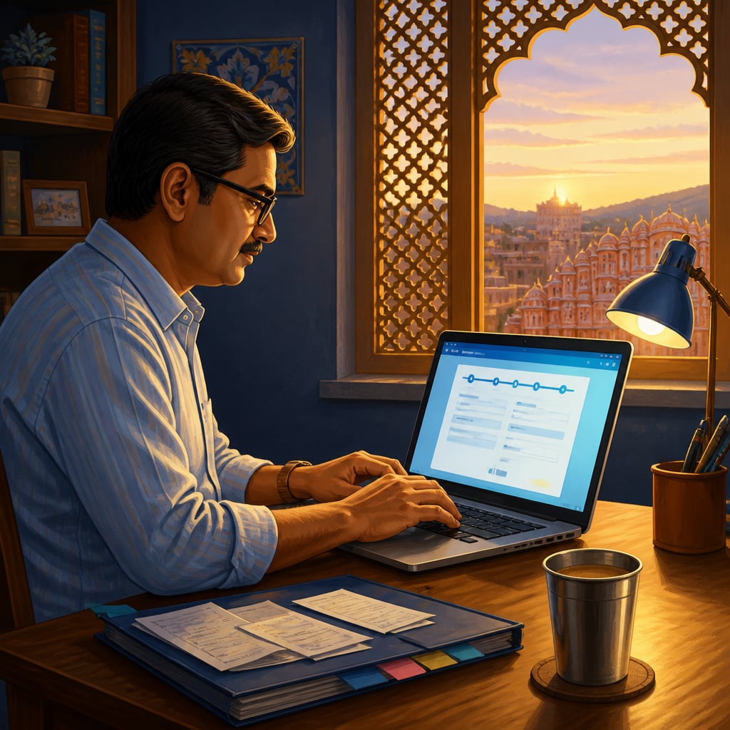 Rajesh Kumar replying to a faceless tax notice on his laptop at home