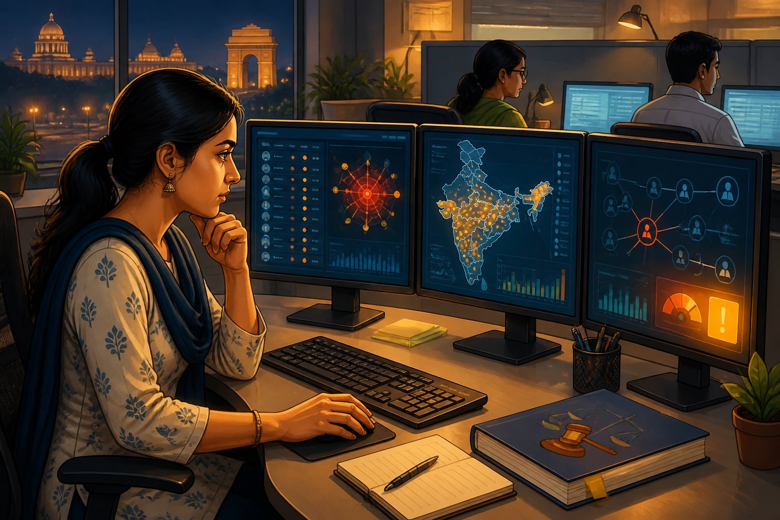 Analyst studying AI-flagged suspicious DBT transactions in operations centre