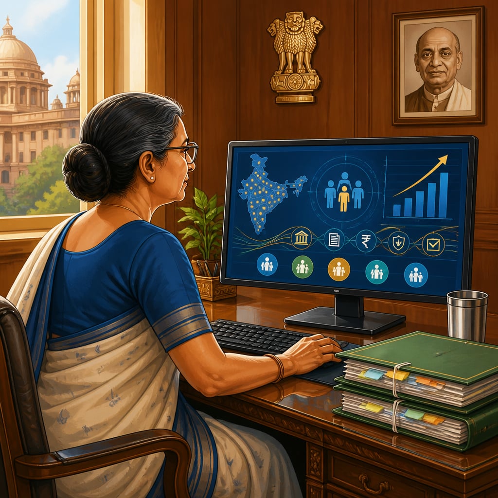 Senior secretary reviewing live DBT dashboard at her North Block desk
