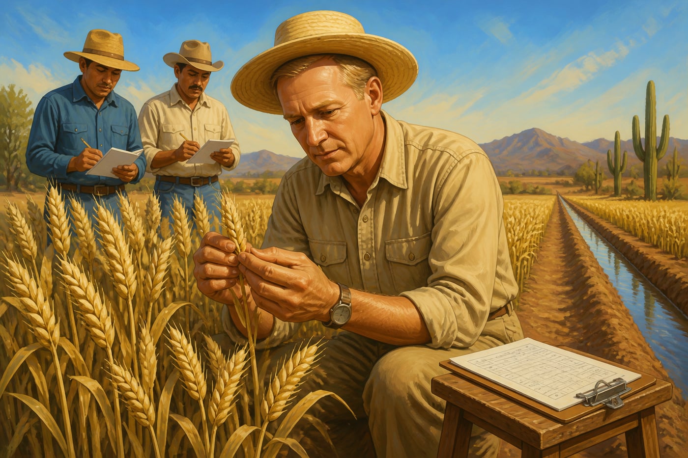 Norman Borlaug inspecting dwarf wheat at CIMMYT Mexico