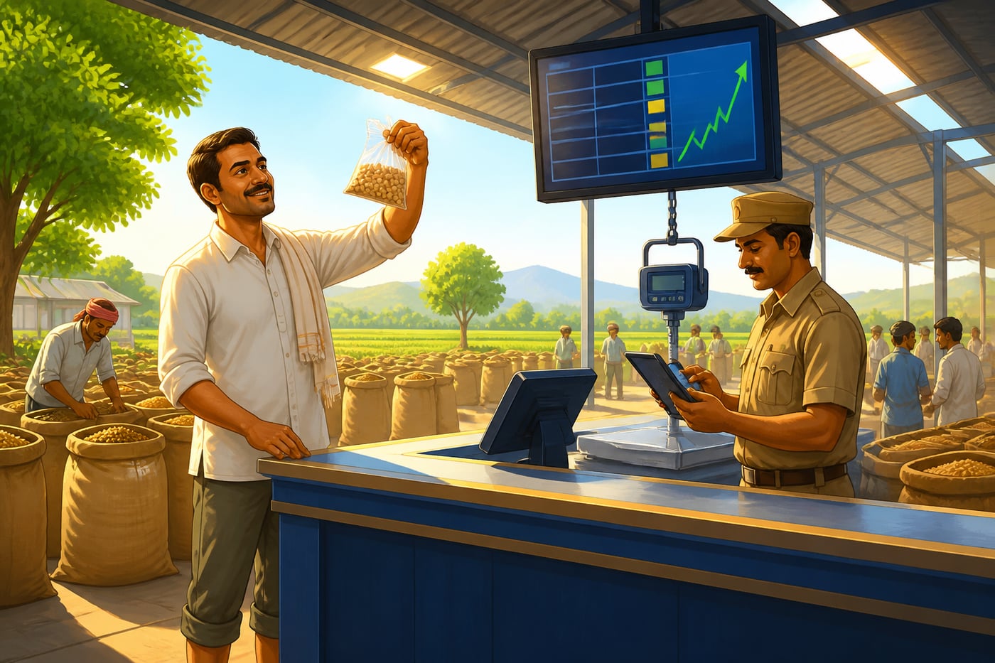 Indian farmer at an e-NAM digital mandi counter