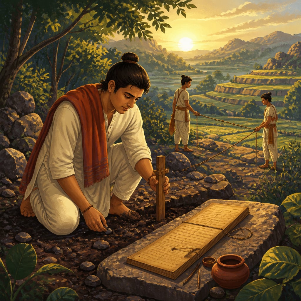 Devadatta surveying soil with a wooden gauge in Dakshinapatha
