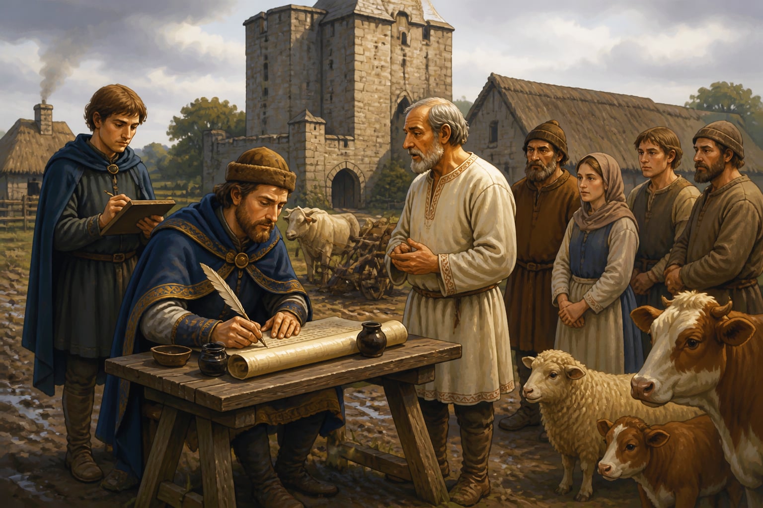 Norman commissioner recording the Domesday survey