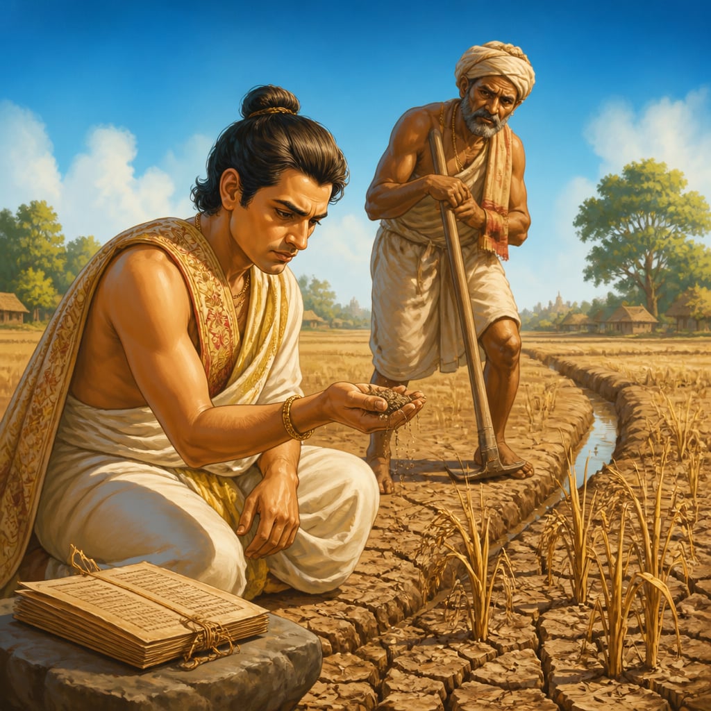 Pushyamitra diagnosing exhausted Vaishali rice fields