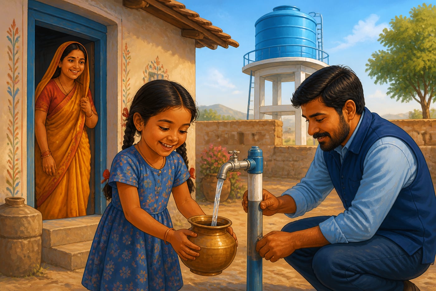 Village girl filling a pot at a Jal Jeevan tap