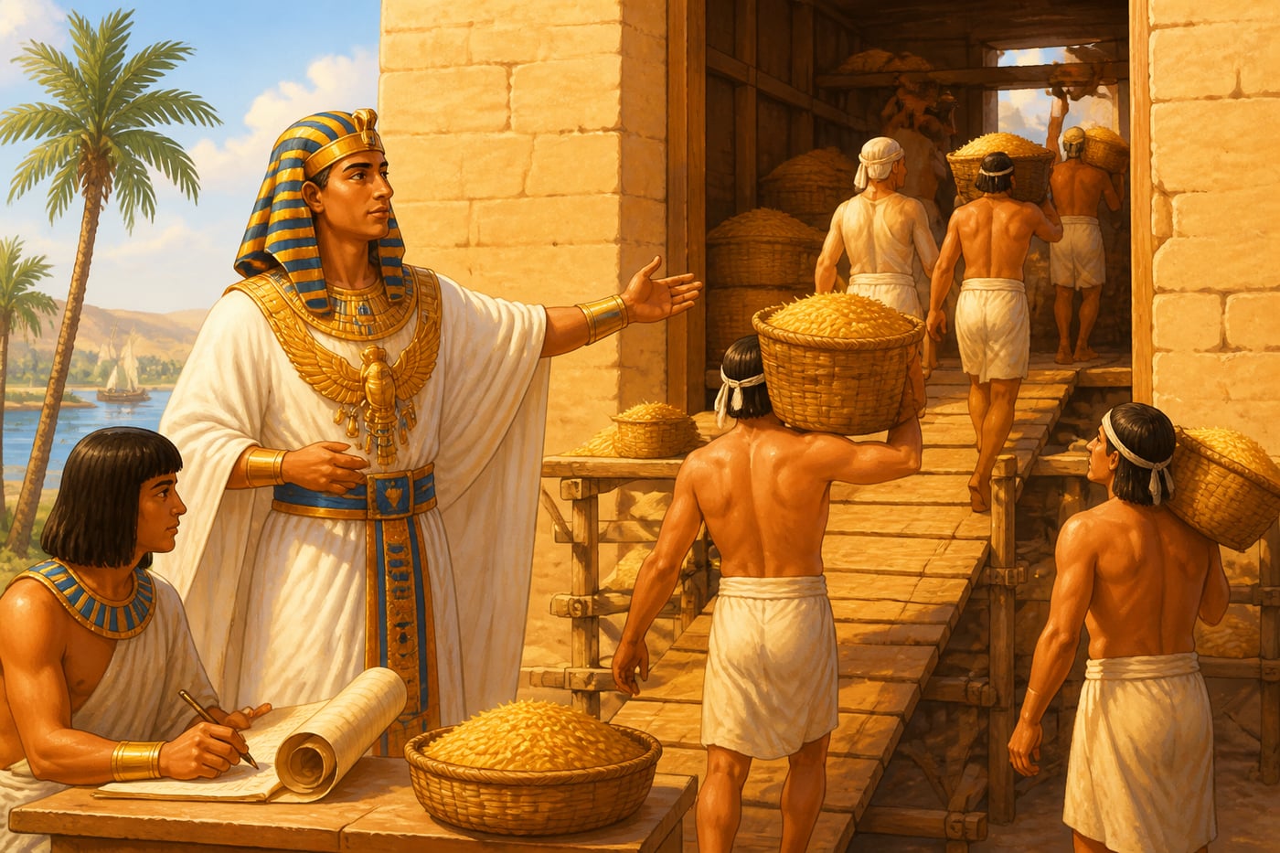 Joseph of Egypt overseeing grain storage during plenty