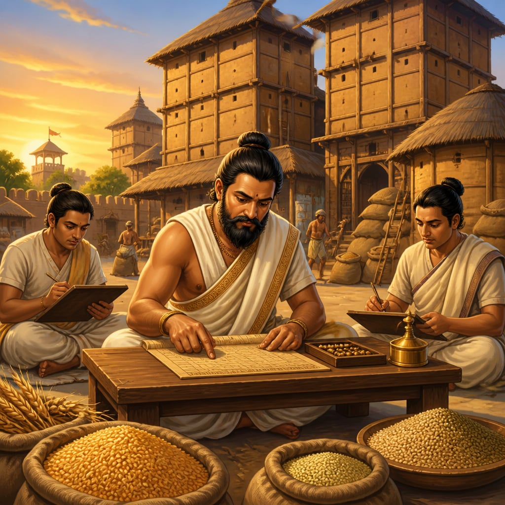 Vishvamitra calculating Mauryan three-year grain reserves