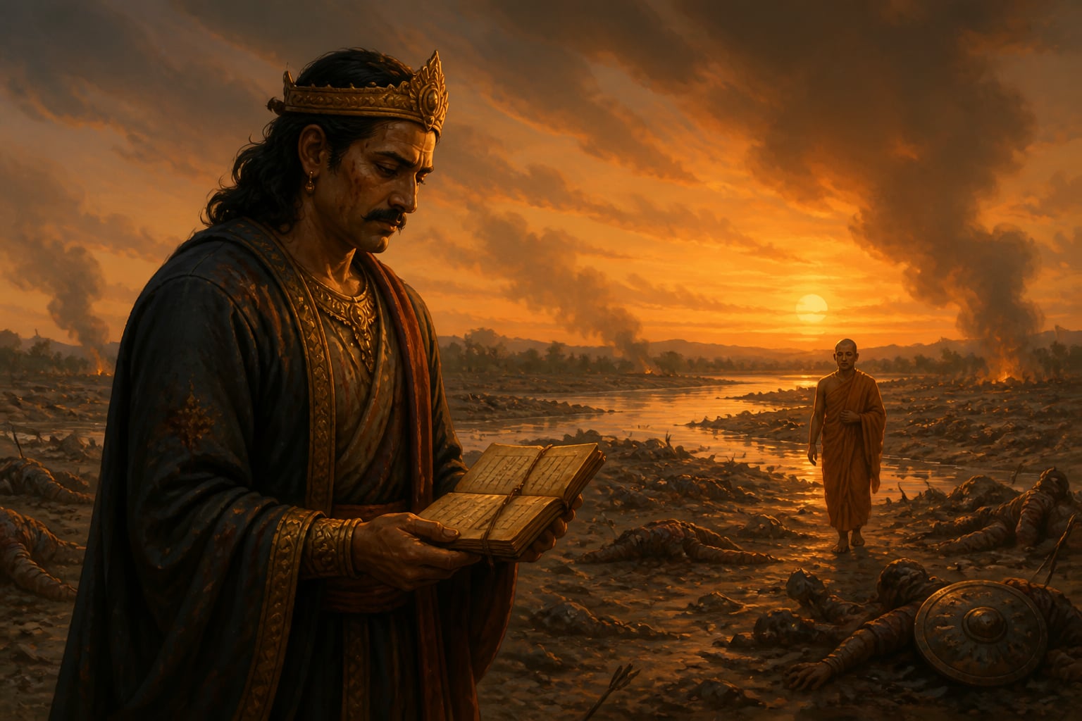 Ashoka on the Kalinga battlefield at dusk