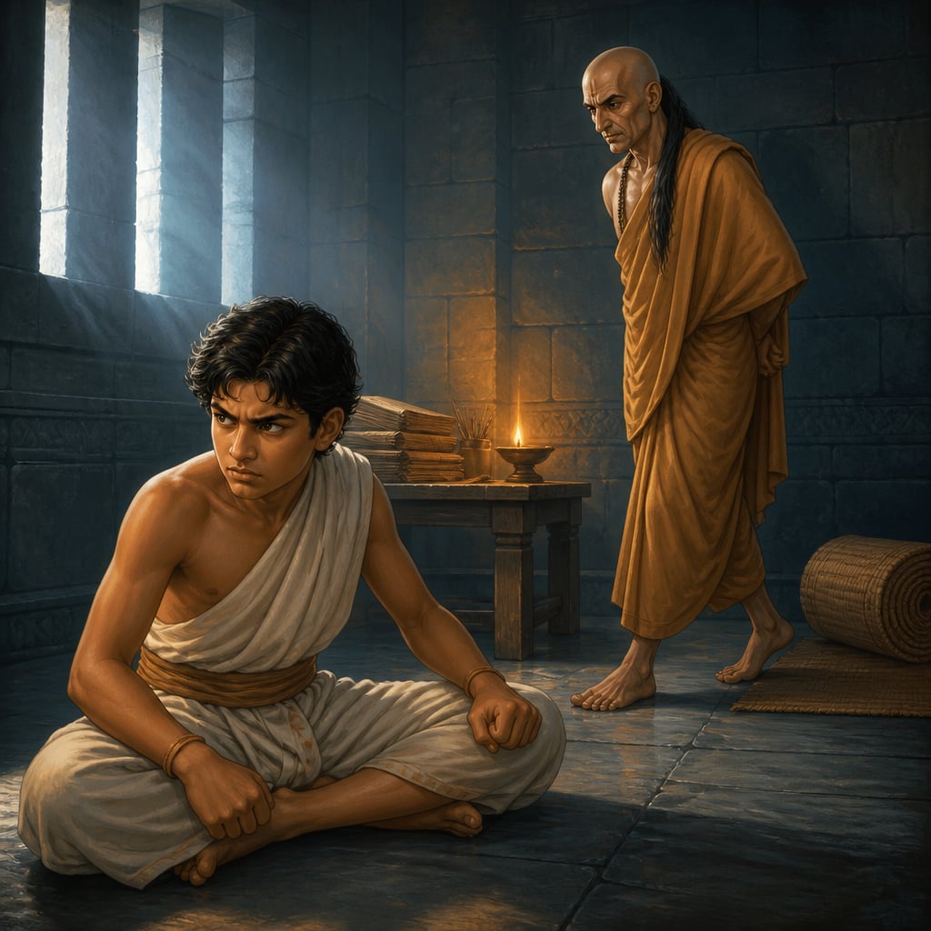Young Chandragupta in Kautilya's Taxila chamber