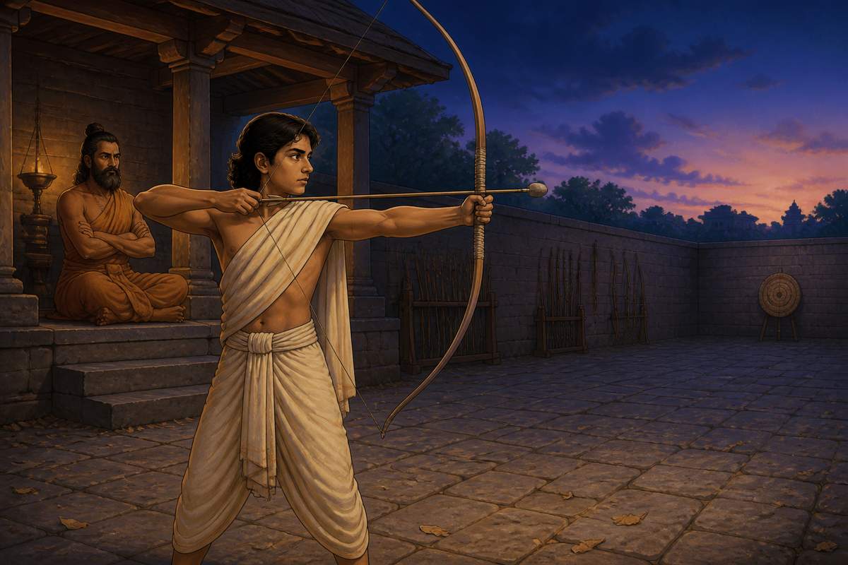 Young Chandragupta in pre-dawn bow practice at Taxila