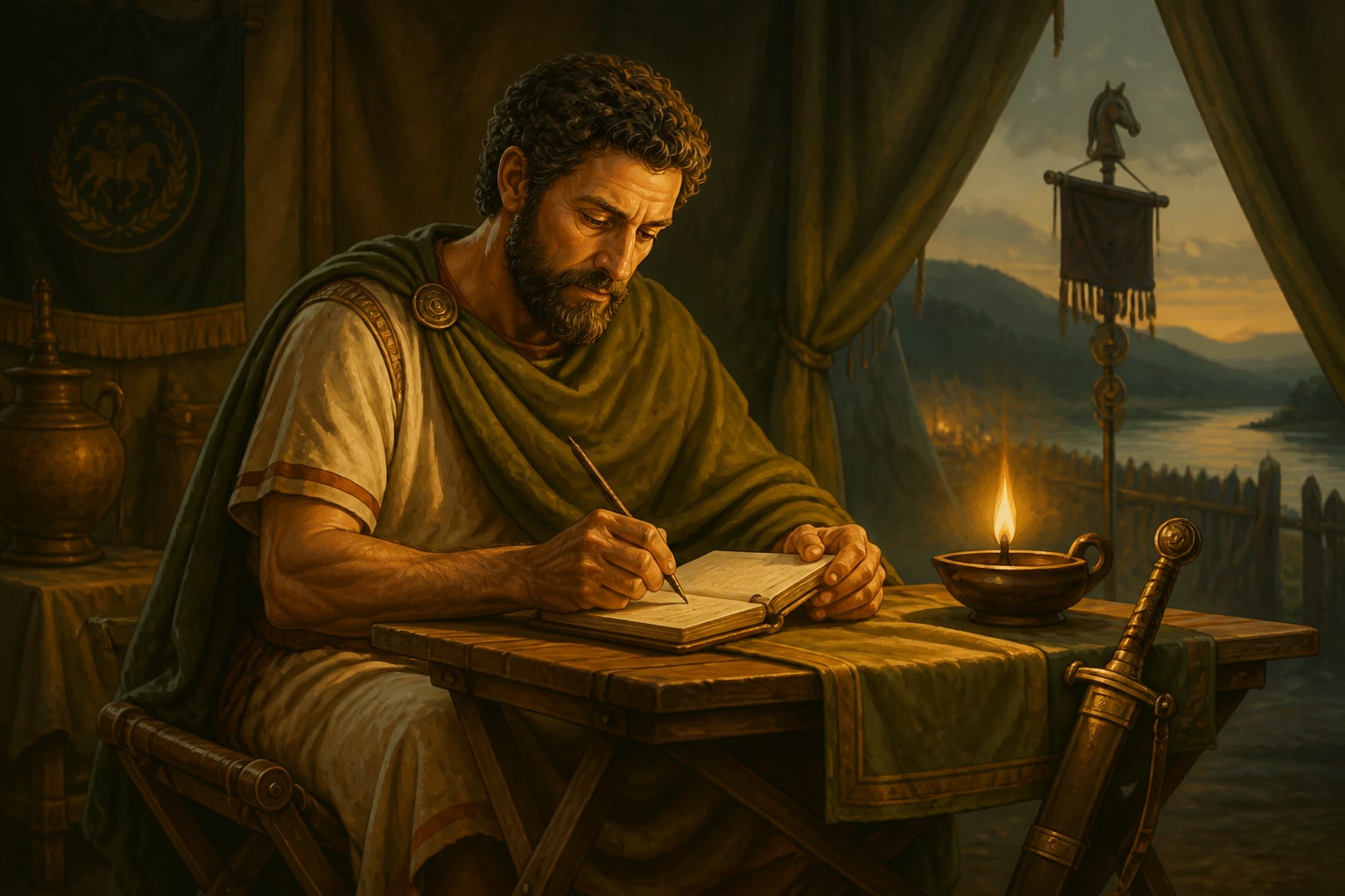 Marcus Aurelius writing Meditations in his campaign tent