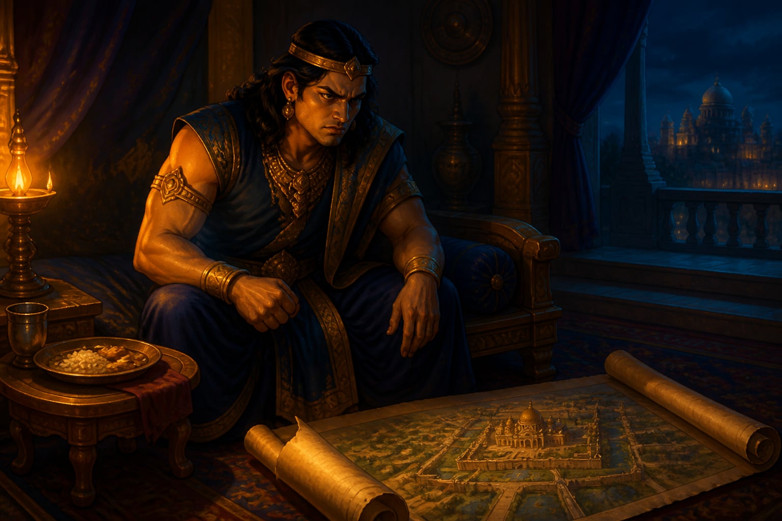 Duryodhana brooding in his Hastinapura chamber