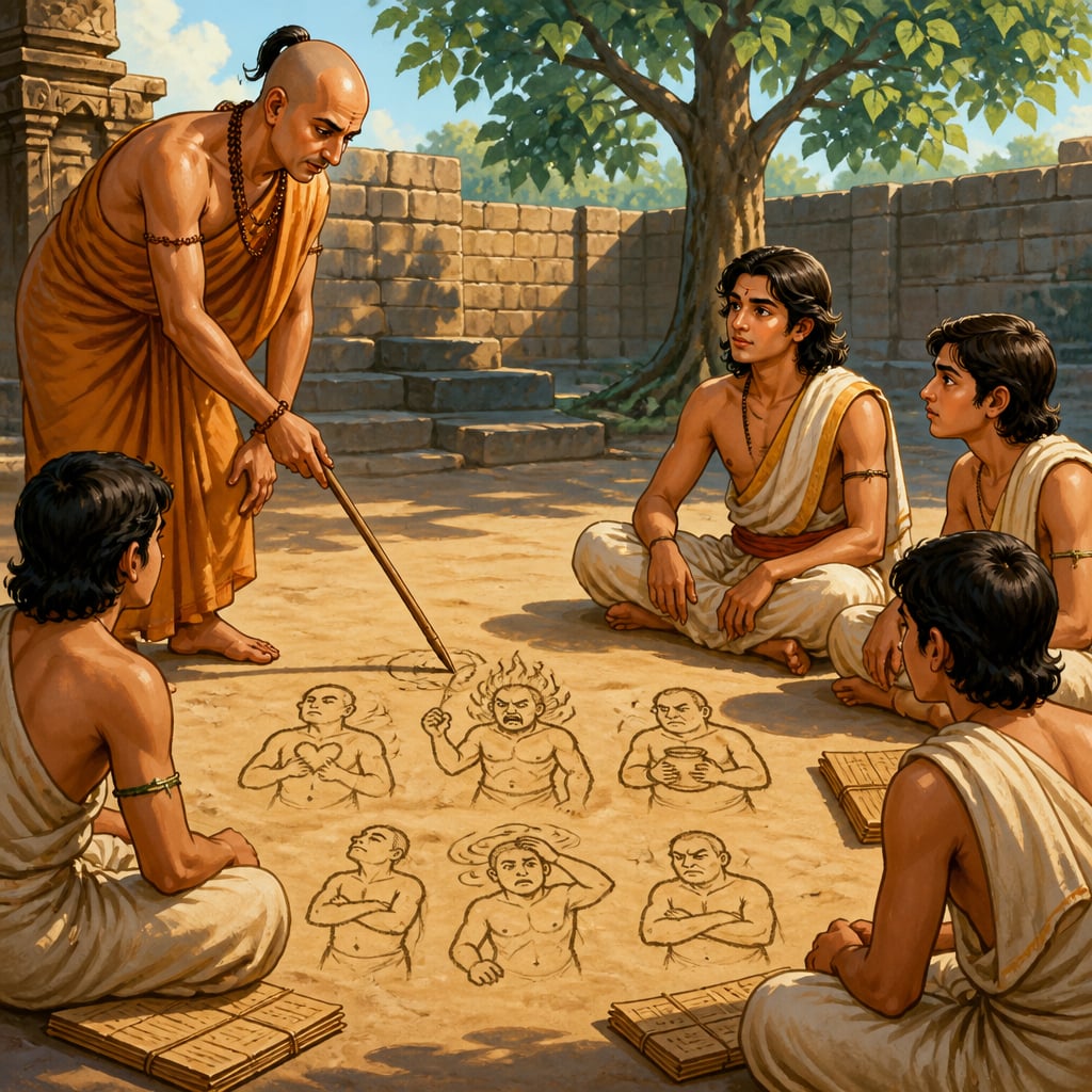Kautilya drawing six enemies in the Taxila courtyard dust