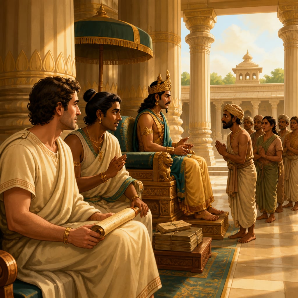 Megasthenes observing Chandragupta's Pataliputra court