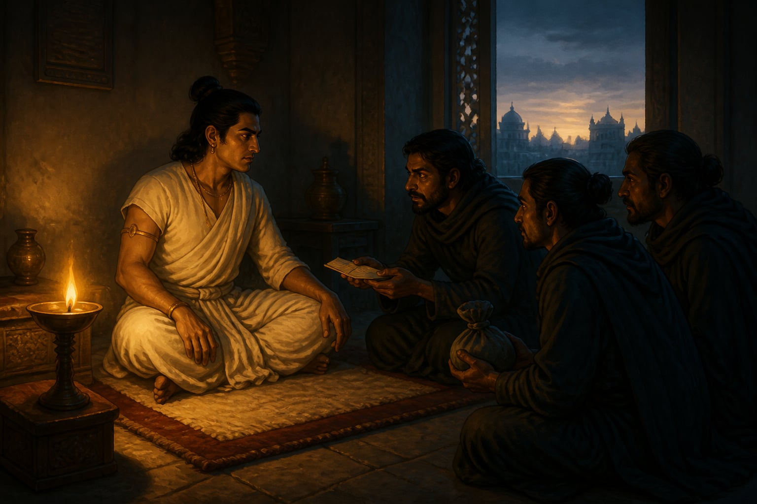 Chandragupta receiving pre-dawn intelligence from spies