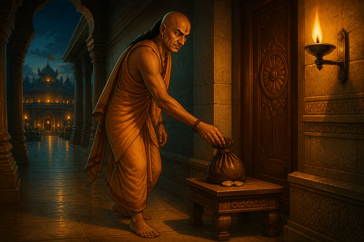 Kautilya planting an arthopadha test of greed at dusk