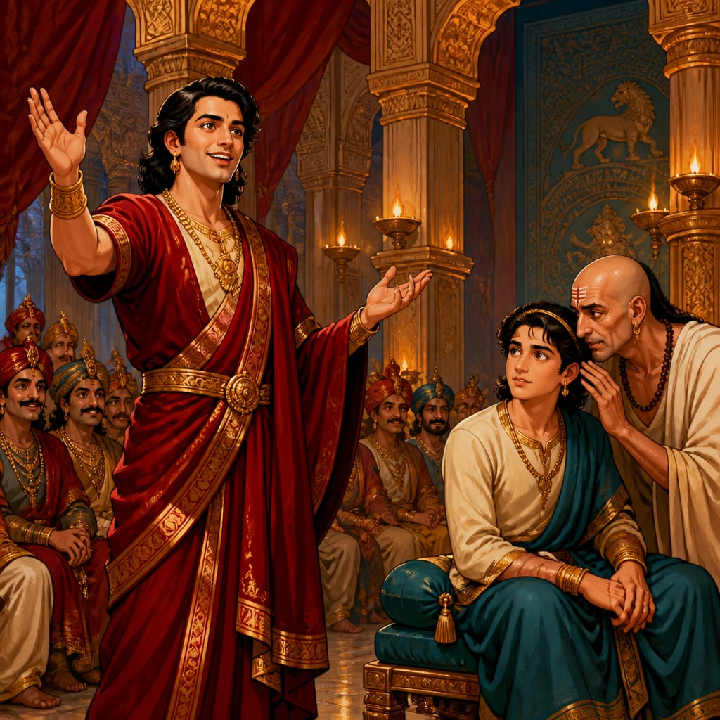 Charismatic minister mid-speech as Chandragupta watches